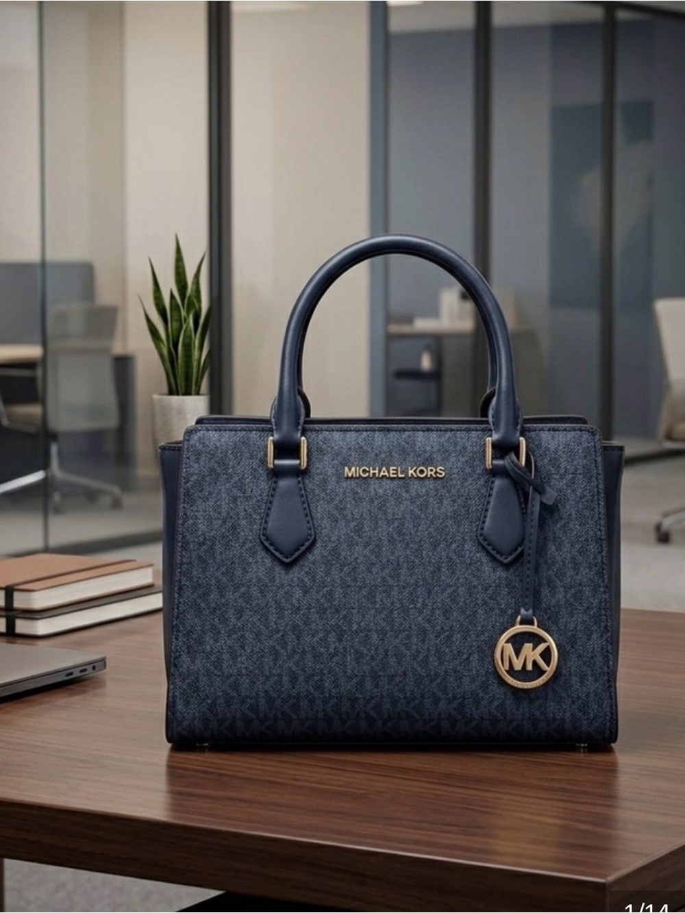 Michael Kors Ayden medium Satchel in navy blue signature pattern . NWOT